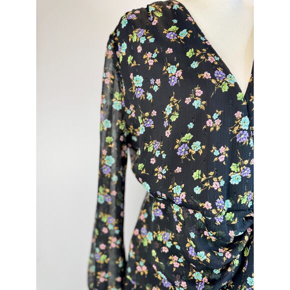 Zara Black Floral Surplice Mini Dress Women's Large Balloon Cottagecore Boho - Picture 5 of 16